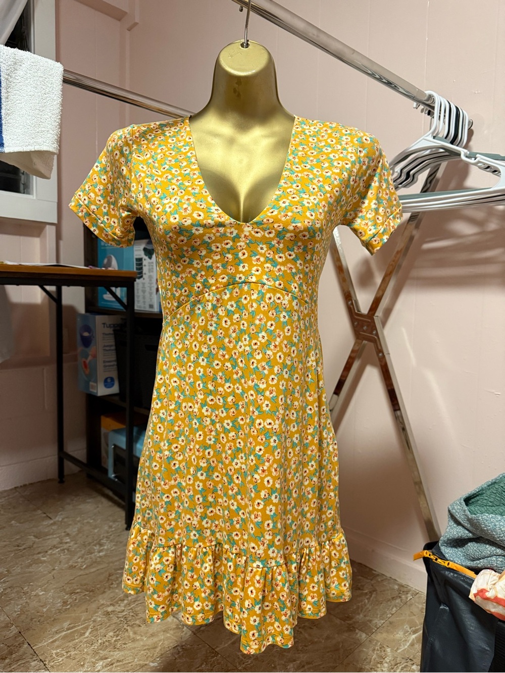 Yellow Floral V-Neck Ruffle Hem Dress